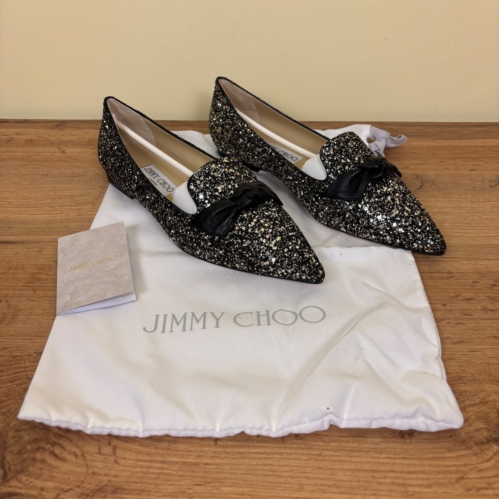 NEW JIMMY‎ CHOO Gabie Flats Size 37.5 Glitter Pointed Toe Loafers Black Gold Bow